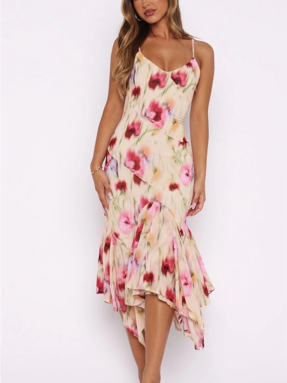 Floral Slip Midi Dress in Cream and Pink - Picture 3 of 5